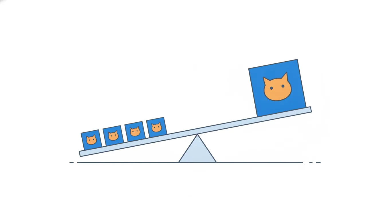 A seesaw with several small boxes on one side tipped by one huge box on the other.