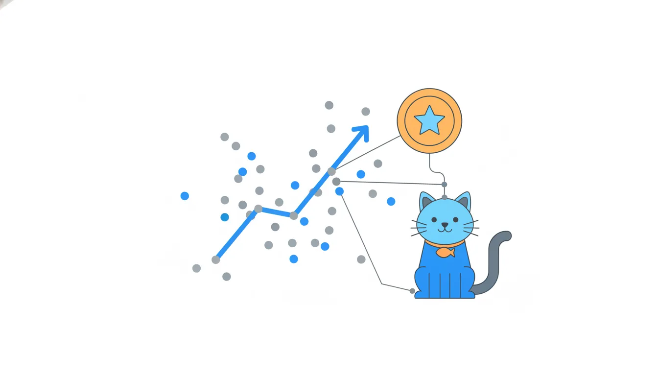 A scatter of dots with a rising trend arrow, a cat and a coin.