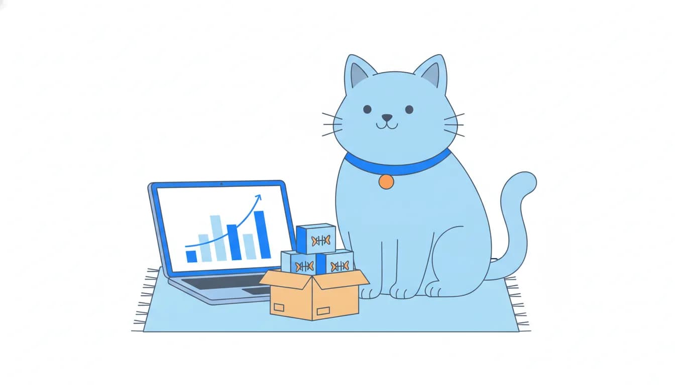 A cartoon cat sits next to a laptop with bar charts and an open box of cat food.