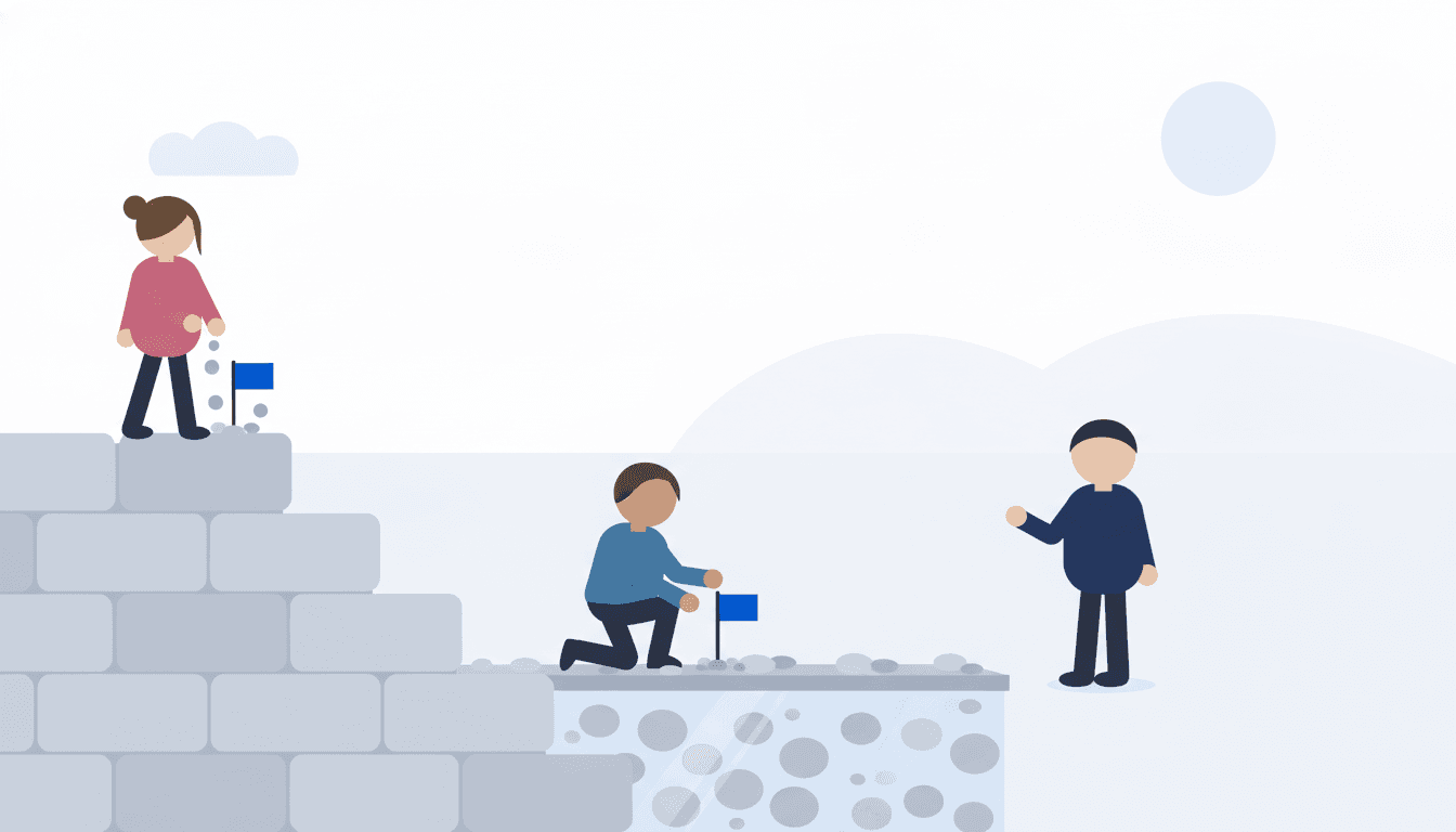 Nora plants a small flag right at her feet at the top of stone steps, Marc kneels and plants his flag just under a low ledge further down, and Alex watches both.