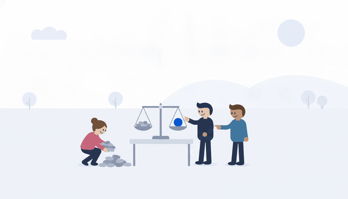 Nora scoops a big handful of pebbles from a pile, while Alex and Marc stand by a table with a balance scale weighing a few grey pebbles against one blue pebble.