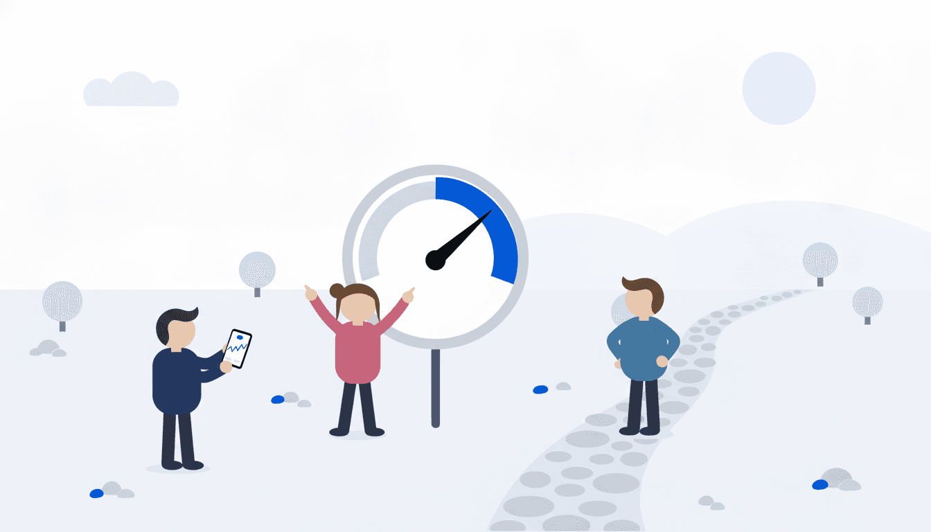 Nora points excitedly at a big dial whose needle sits in the high blue zone; Marc glances at it calmly beside a path that keeps climbing, and Alex looks on with a phone.