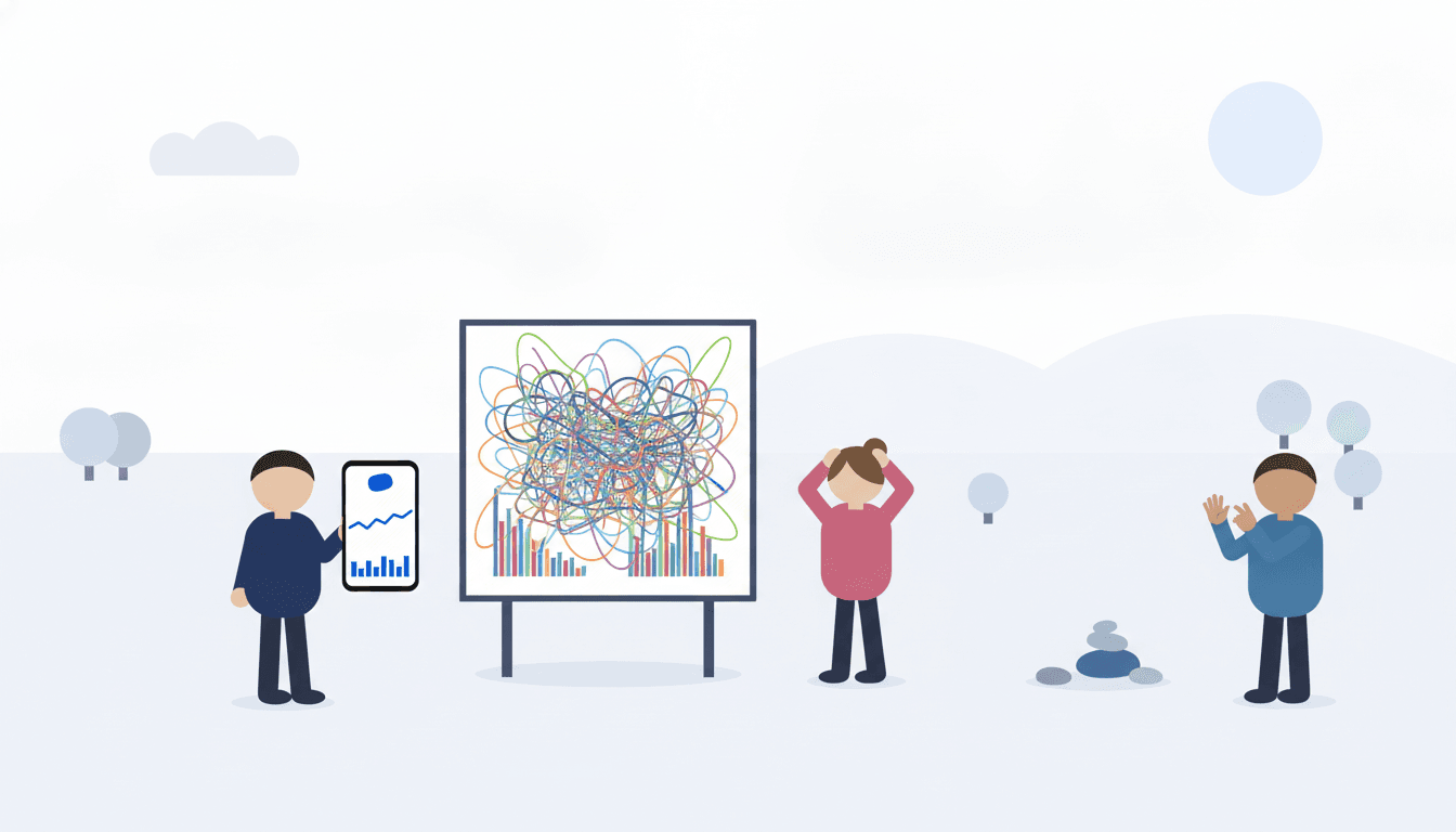Nora holds her head in front of a board crammed with tangled lines and bars, while Alex holds up a tidy screen with one line and Marc counts on his fingers.