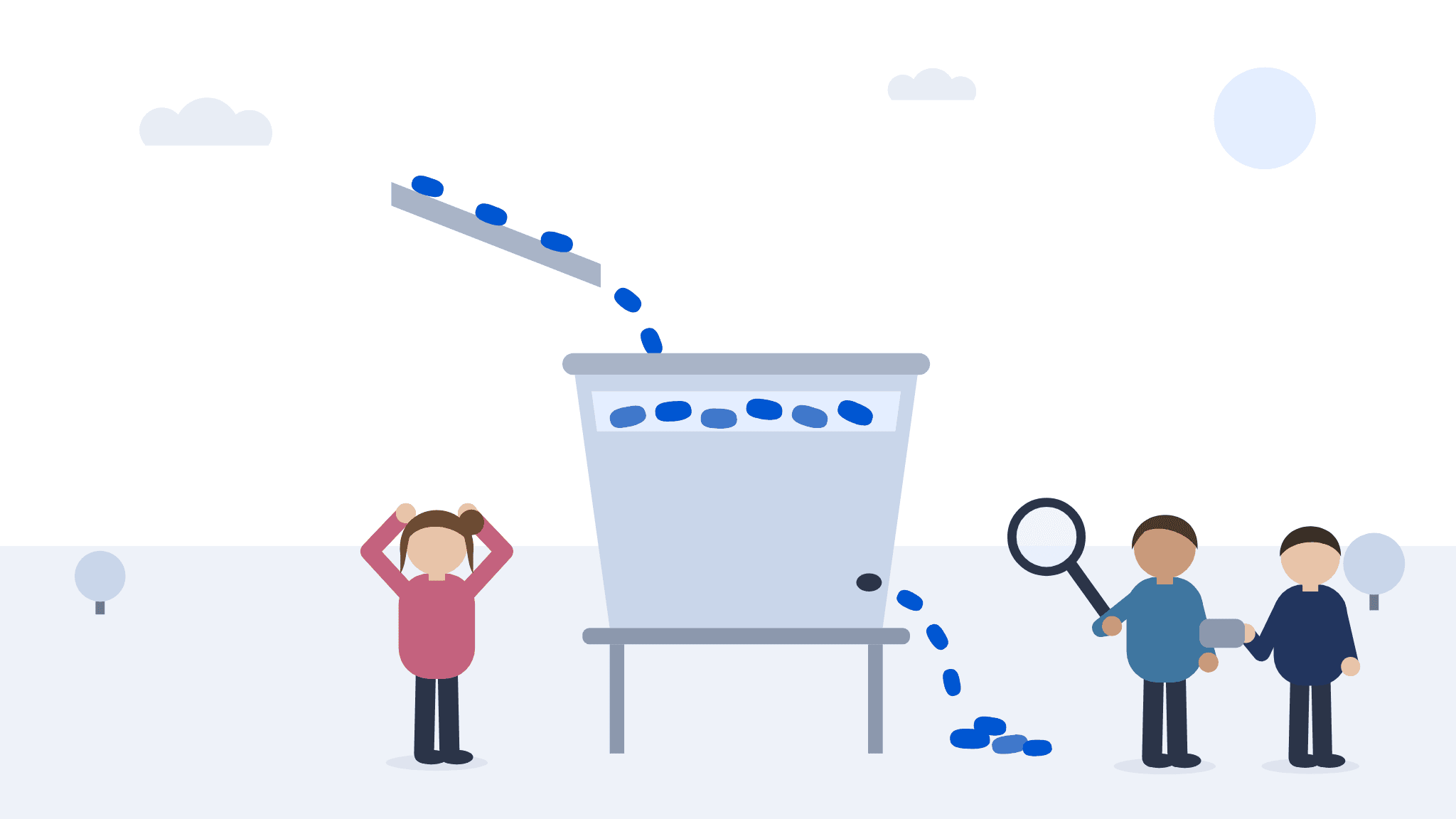Blue pebbles pour into a bucket while others slip out of a small hole near the bottom. Nora holds her head, Marc points a magnifier at the hole and Alex hands over a patch.