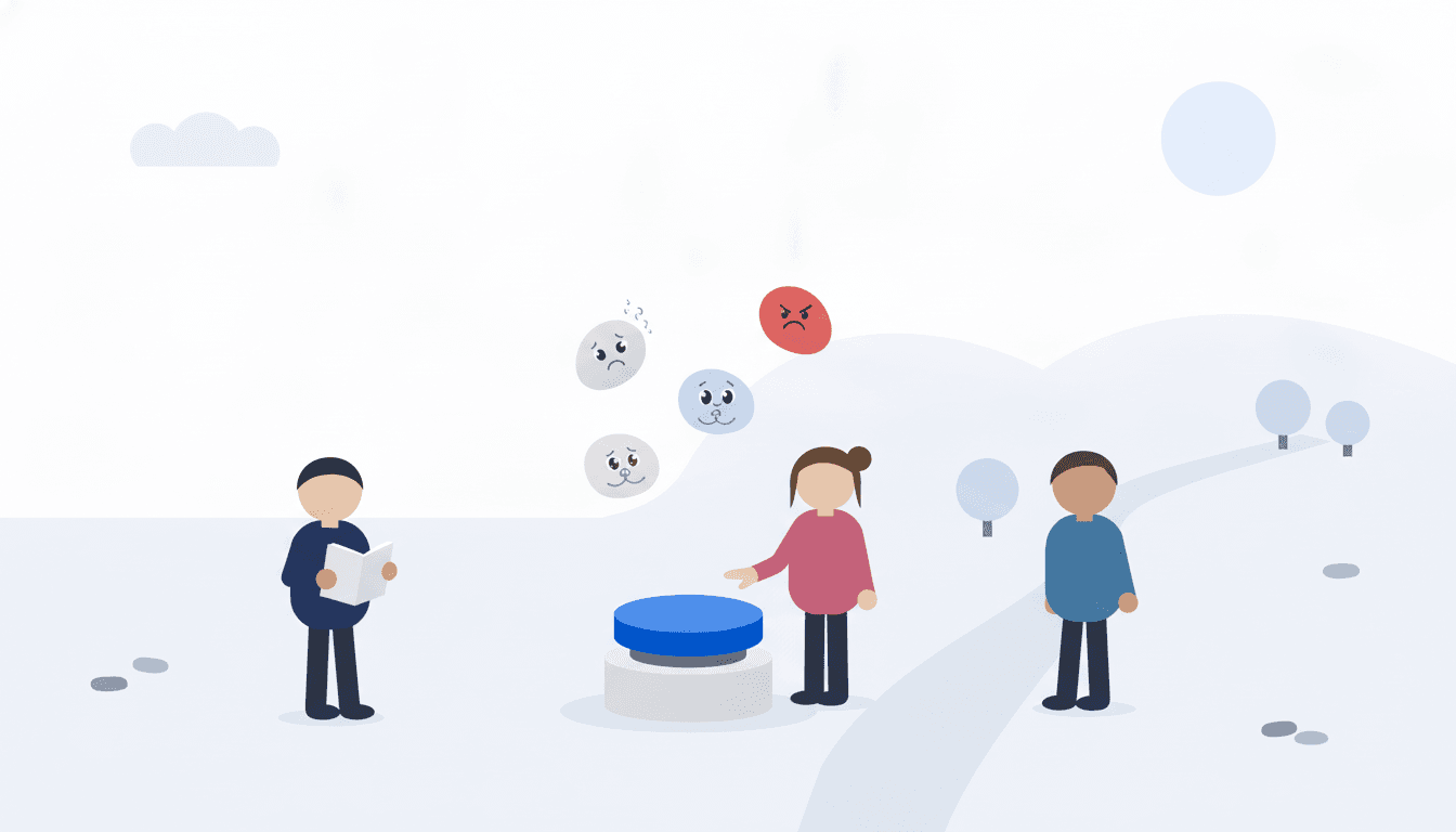 Nora hesitates over a big blue button while four little pebble faces float above her: scared, dazzled, hopeful and angry. Alex holds a journal, Marc waits.