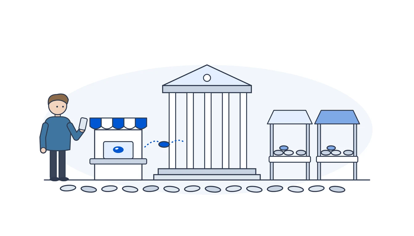 A learner with a phone stands at the start of a stone path that runs past a small booth with an awning, a columned exchange building and two market stalls.