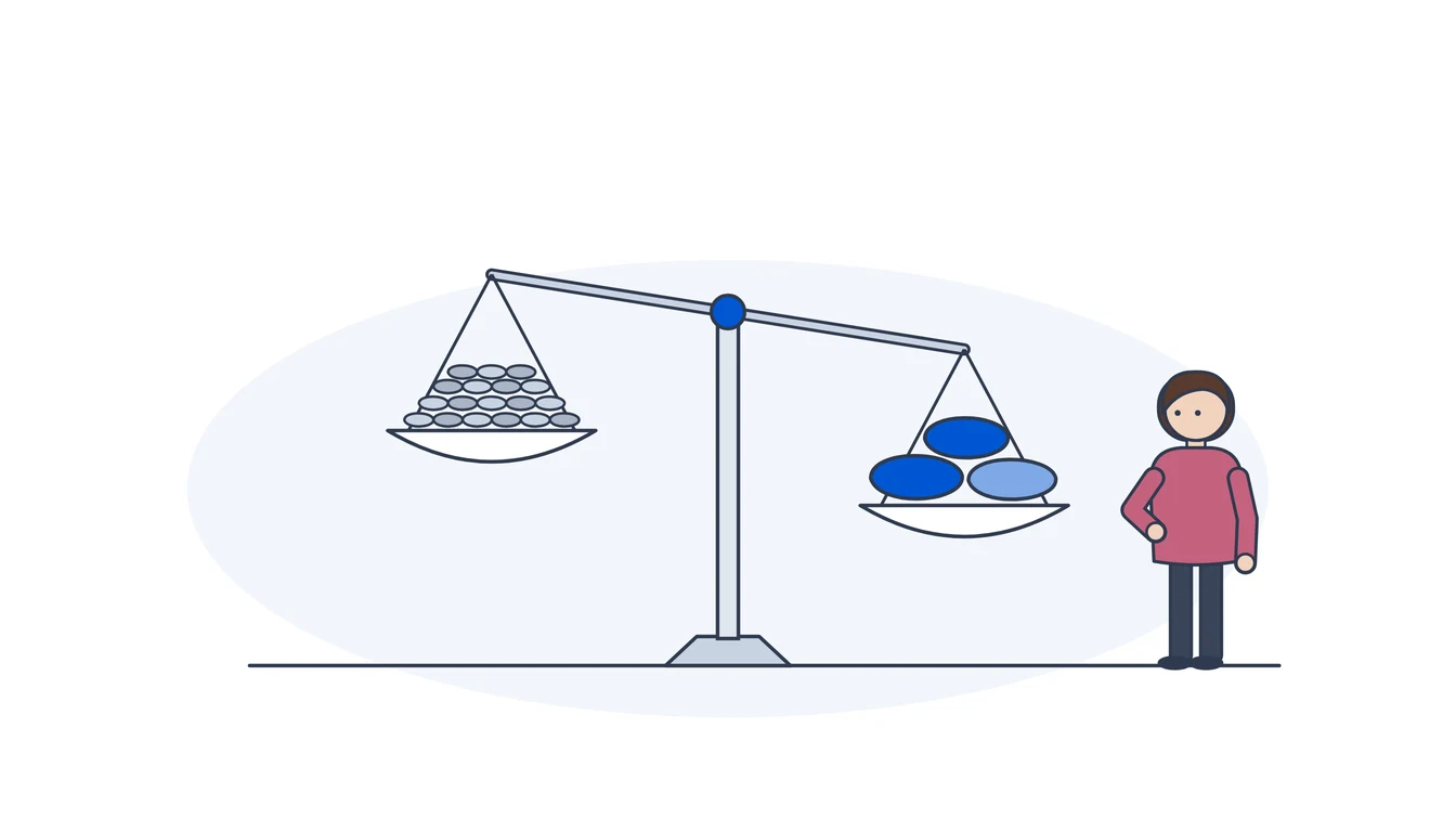 A balance scale holds many small gray stones on one pan and three large blue stones on the other, and the side with the few large stones weighs more.