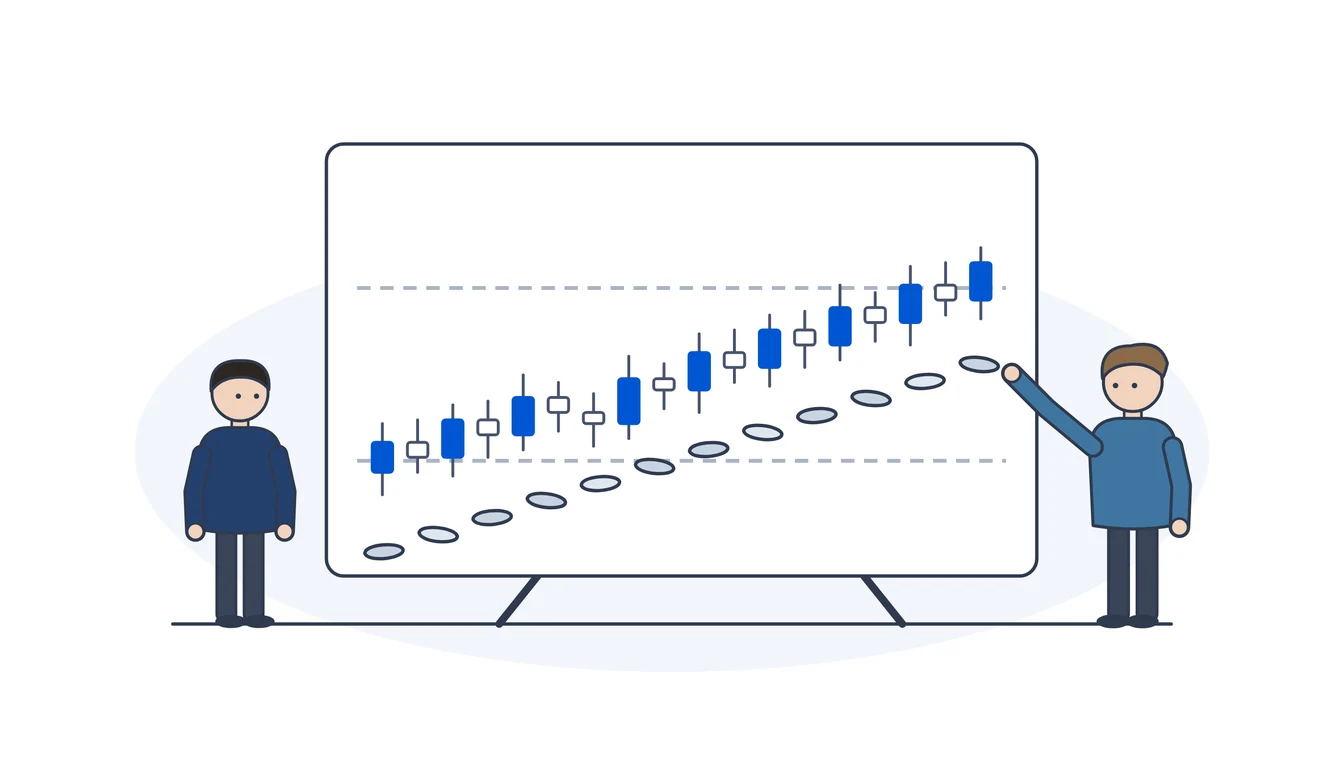 A large candlestick chart on a stand shows a rising trend traced by a path of stones and two dashed level lines; one learner points at it, the coach stands nearby.