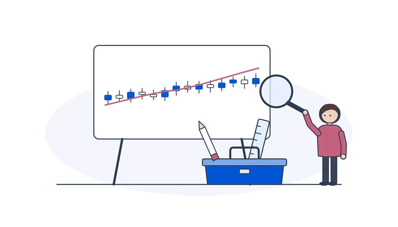 A learner holds a magnifying glass to a candlestick chart with a smooth average line, next to a small open toolbox with a pencil and a ruler.