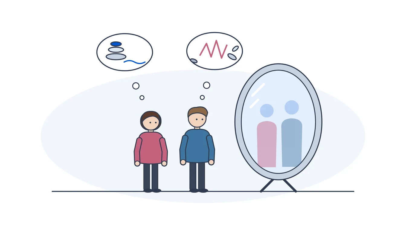 Two learners face a tall mirror with their pale reflections; above them one thought bubble shows a calm, balanced stone stack, the other a hurried zigzag and tumbling stones.