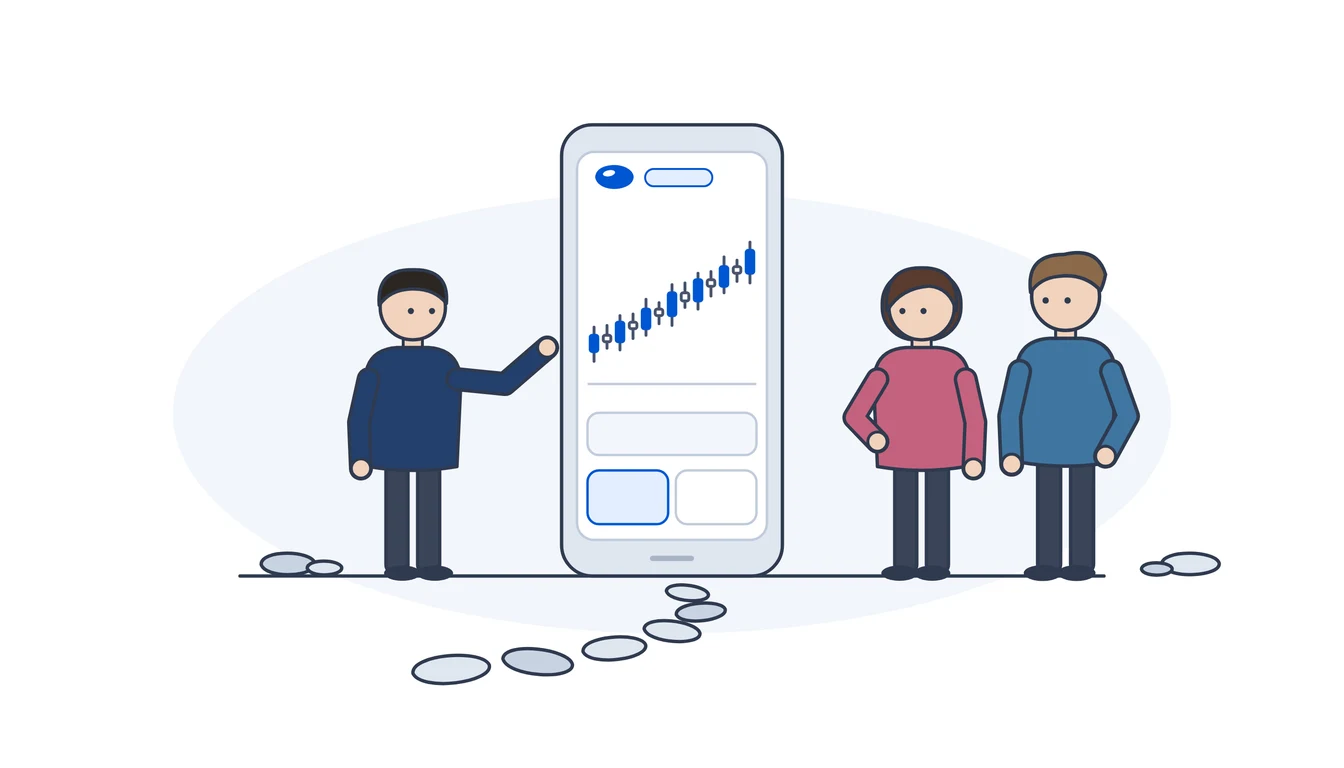 A coach points to a large practice-account phone with a calm candlestick chart, two learners stand beside it and a stone path leads up to it.